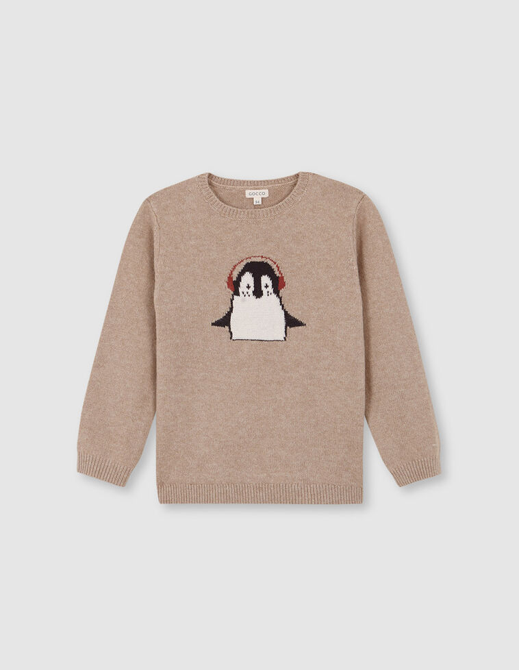Maglione con disegno pinguino color pietra