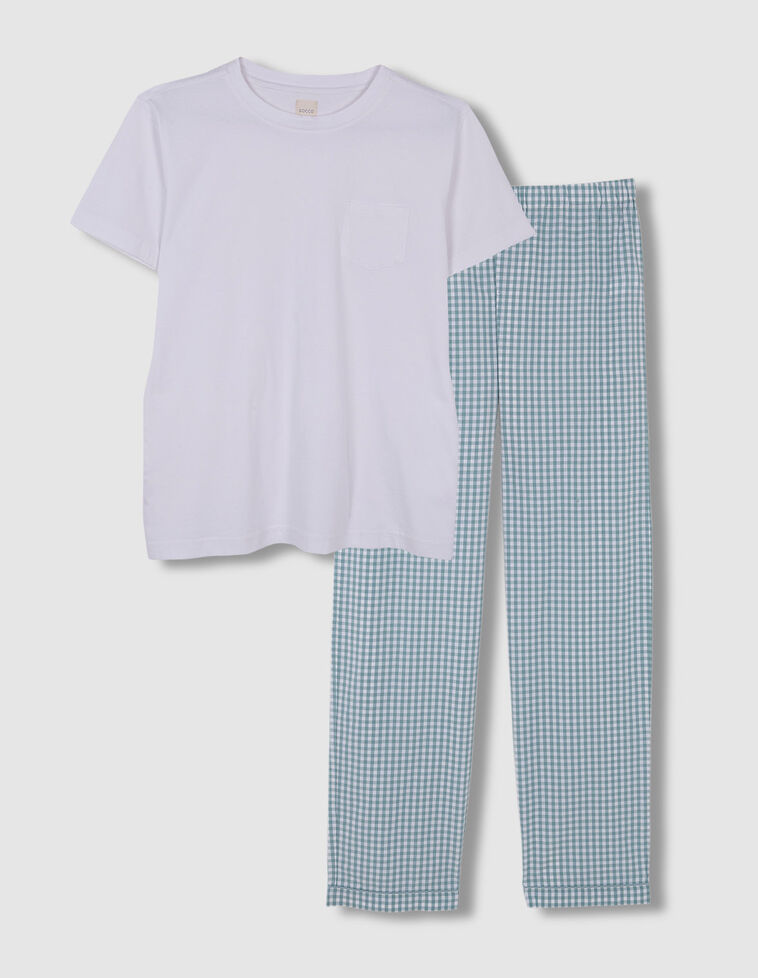 Pijama com blusa e calças em padrão de xadrez vichy  turquesa