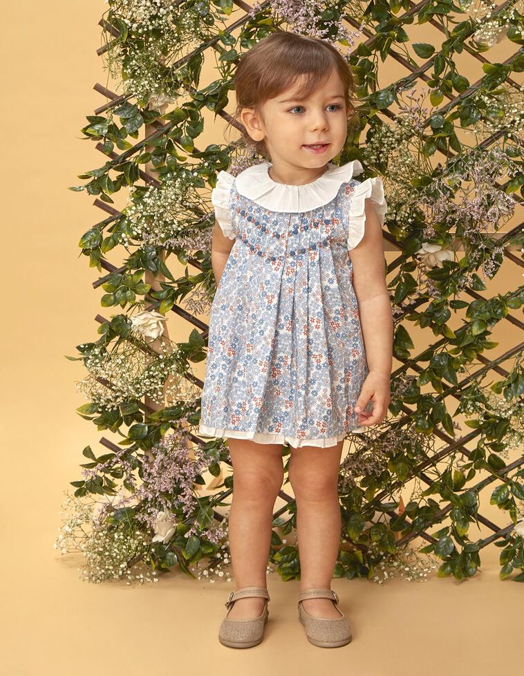 Robe fleurie nid d'abeille bleu clair