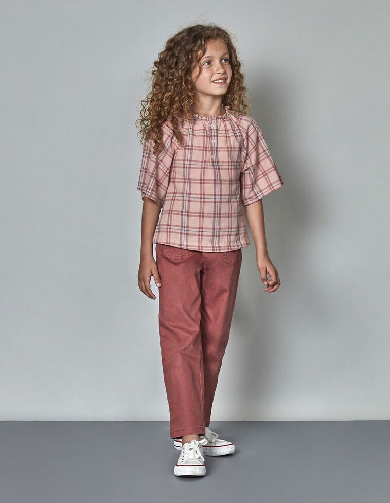 Chemise Carreaux Volant Sur Manche Corail Fonc&eacute;