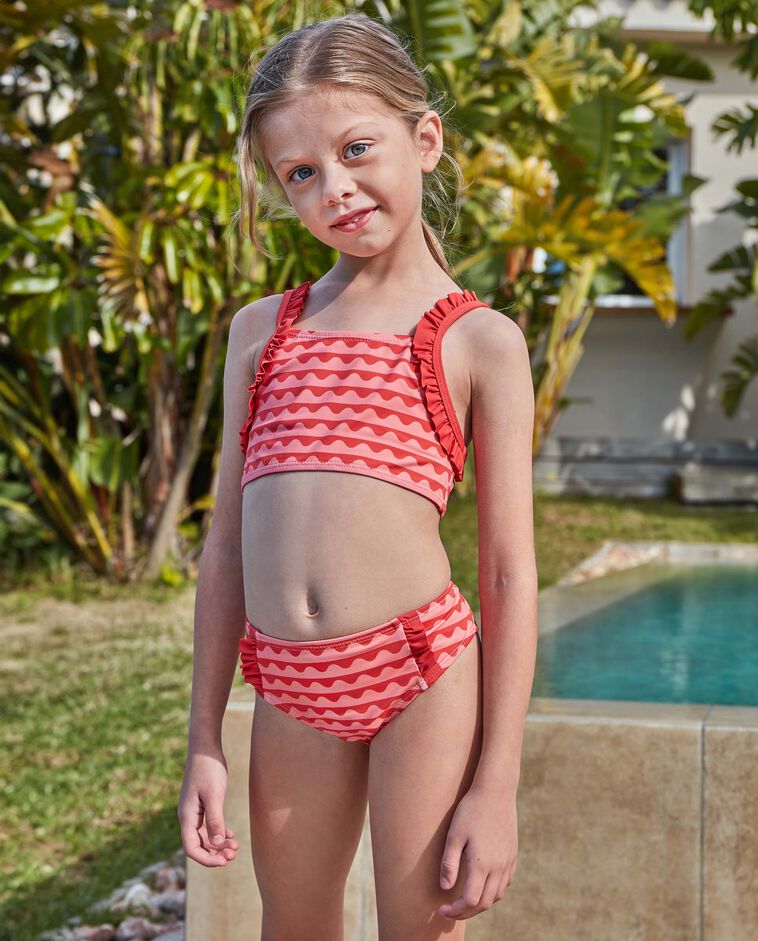 Bikini stampato a onde con volant rosa