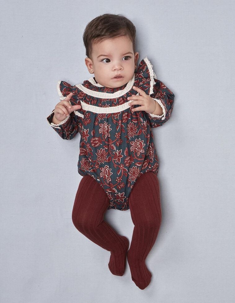 Barboteuse imprimée fleurs à volants vert pétrole Barboteuse imprimée fleurs à volants vert pétrole