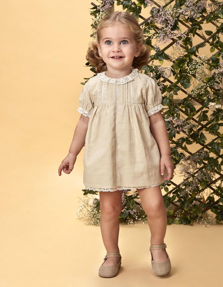 Vestito di lino con strisce ricamate marrone
