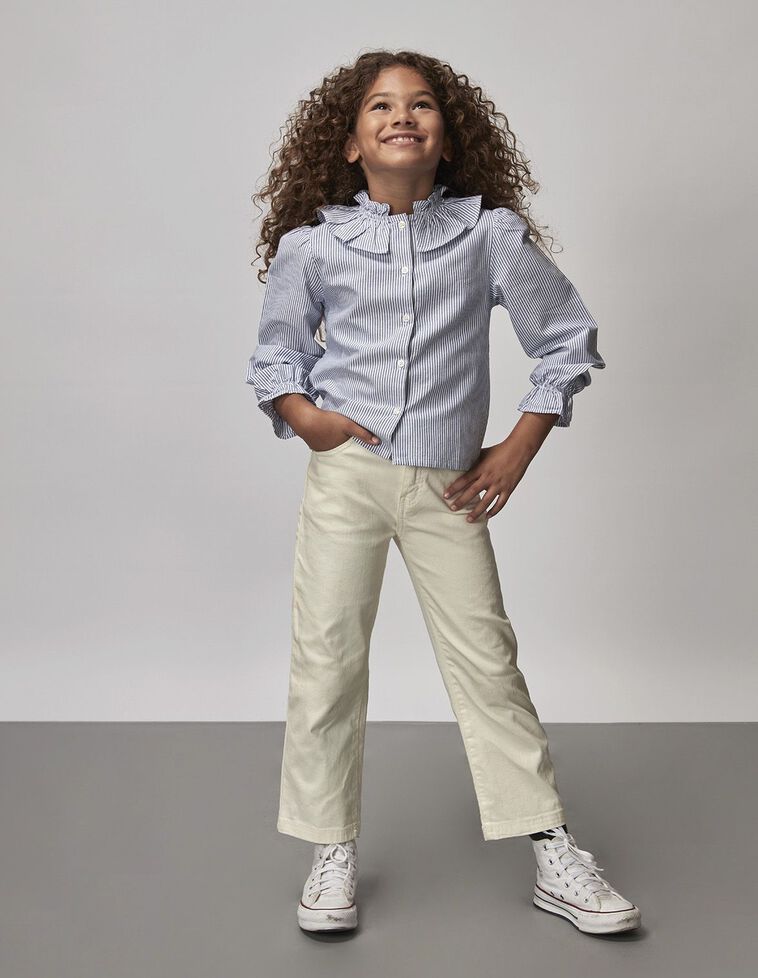 Camisa Riscas Com Gola E Punhos Folhos Azul Marinho