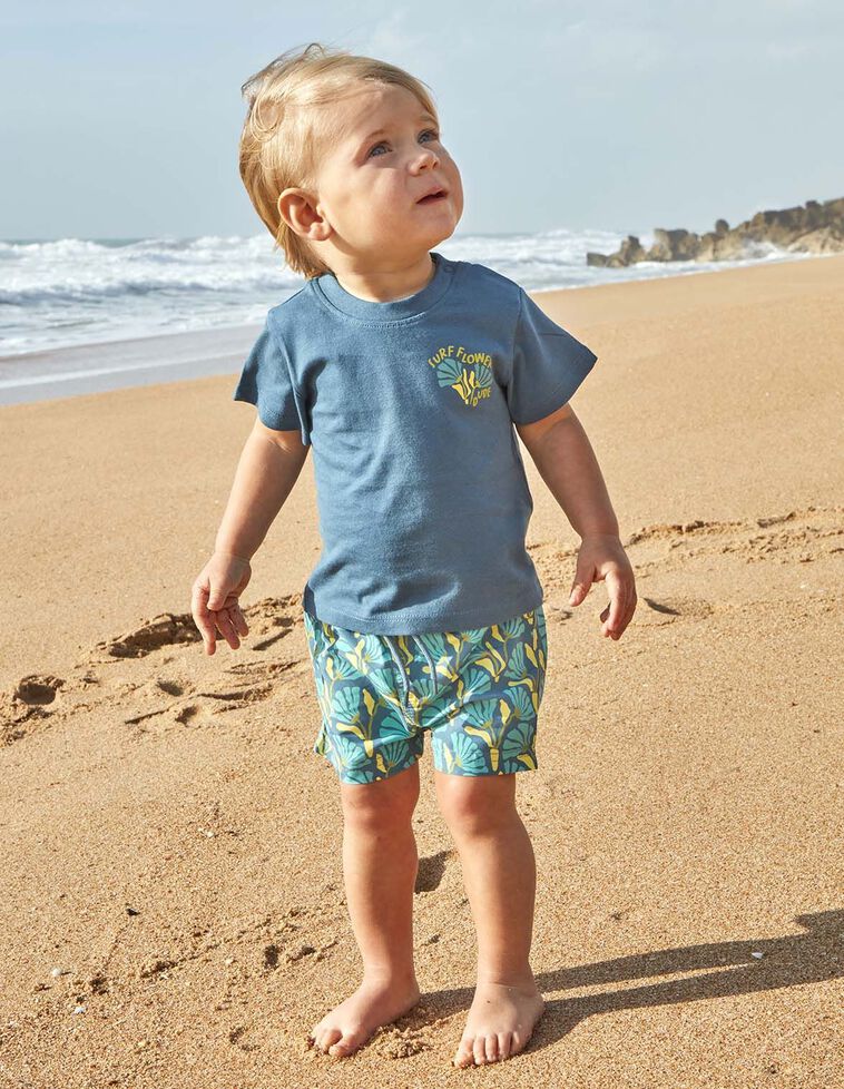 T-shirt bleu fleur de surf manches courtes