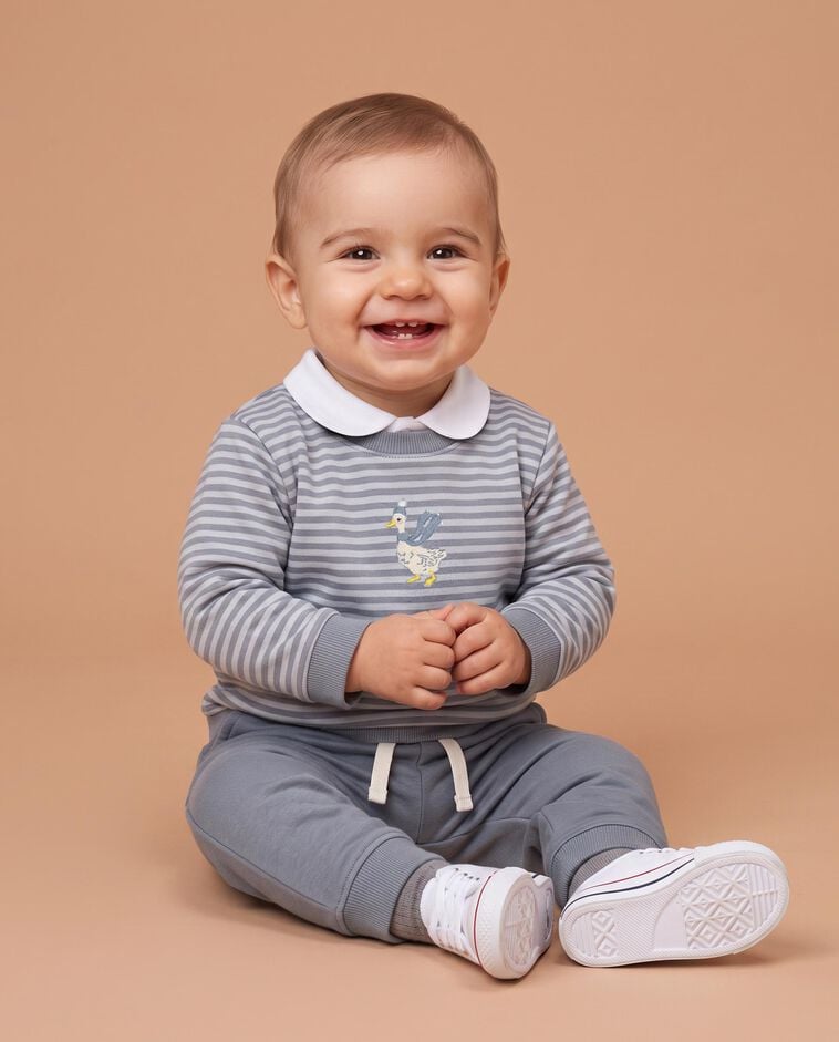 Sweat &agrave; rayures bleu avec imprim&eacute; b&eacute;b&eacute;