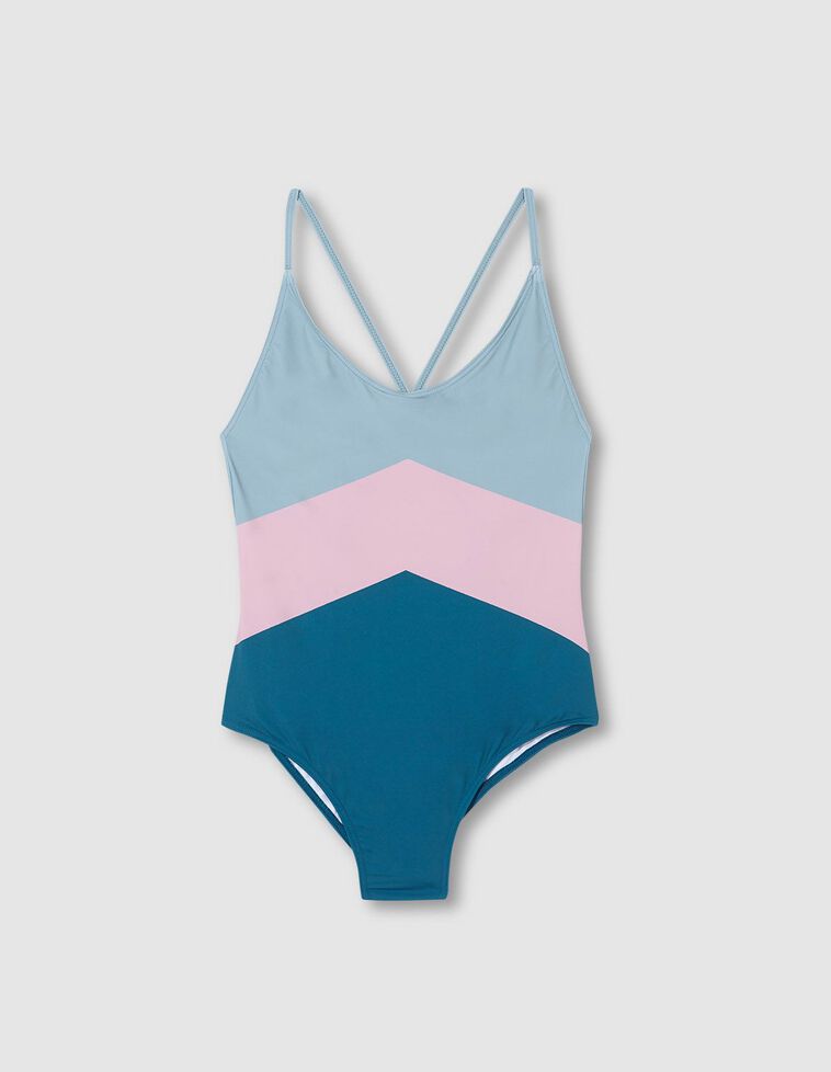 Costume da bagno con scollo a V con tagli colorati petrolio, rosa e verde.