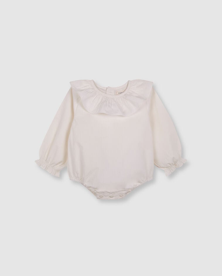Body branco tipo camisa com gola com folho beb&eacute;
