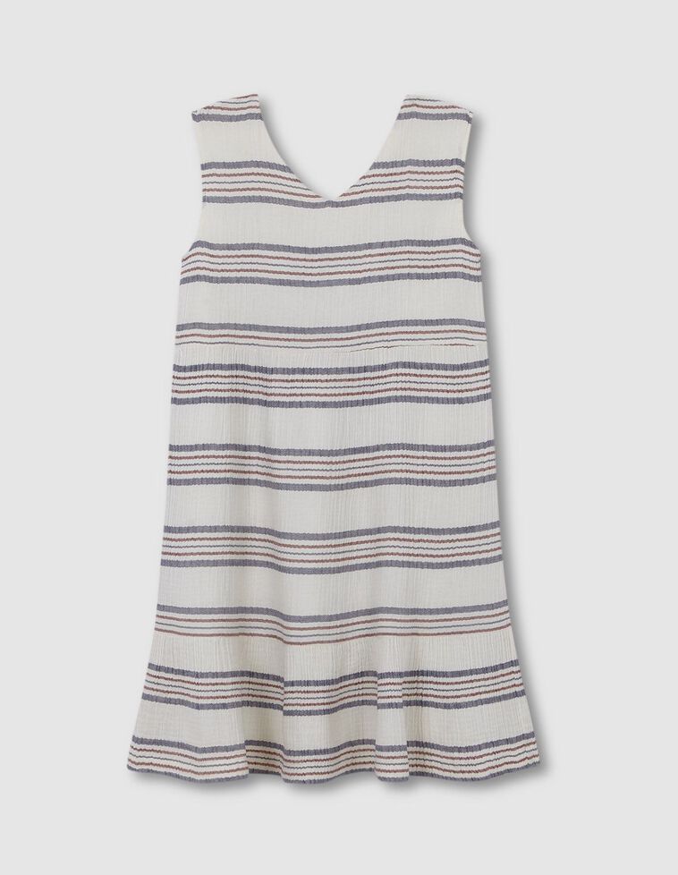 Vestido em chiffon com padrão de riscas horizontais nas cores azul (médio) média e beringela