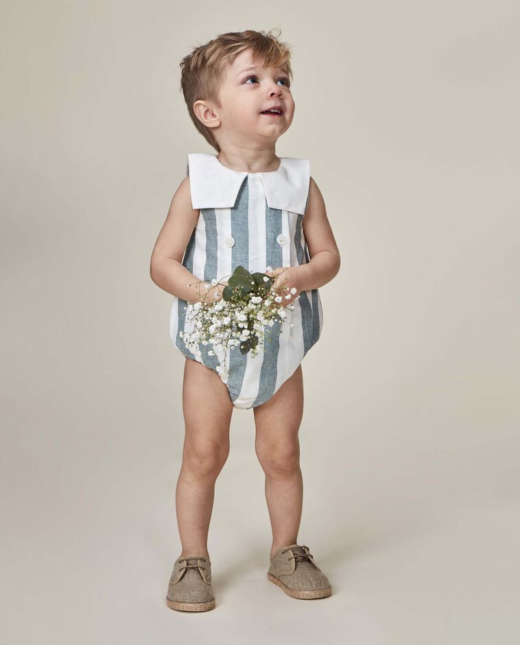 Babygrow de linho de riscas com decote/colarinho grande verde