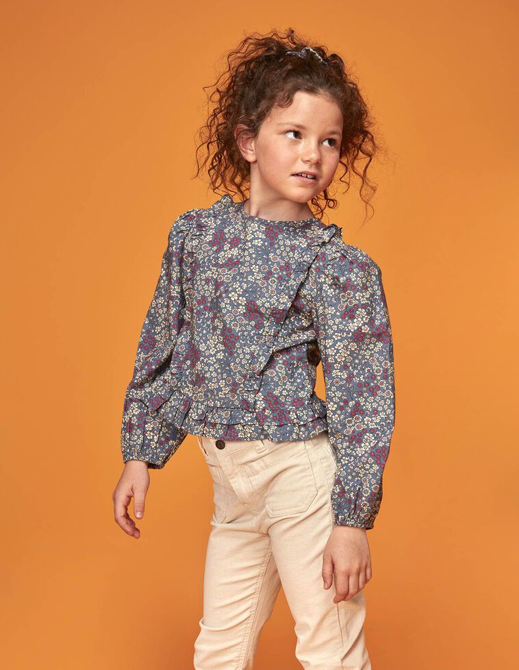 Blouse fleurie avec bandes froncées bleue