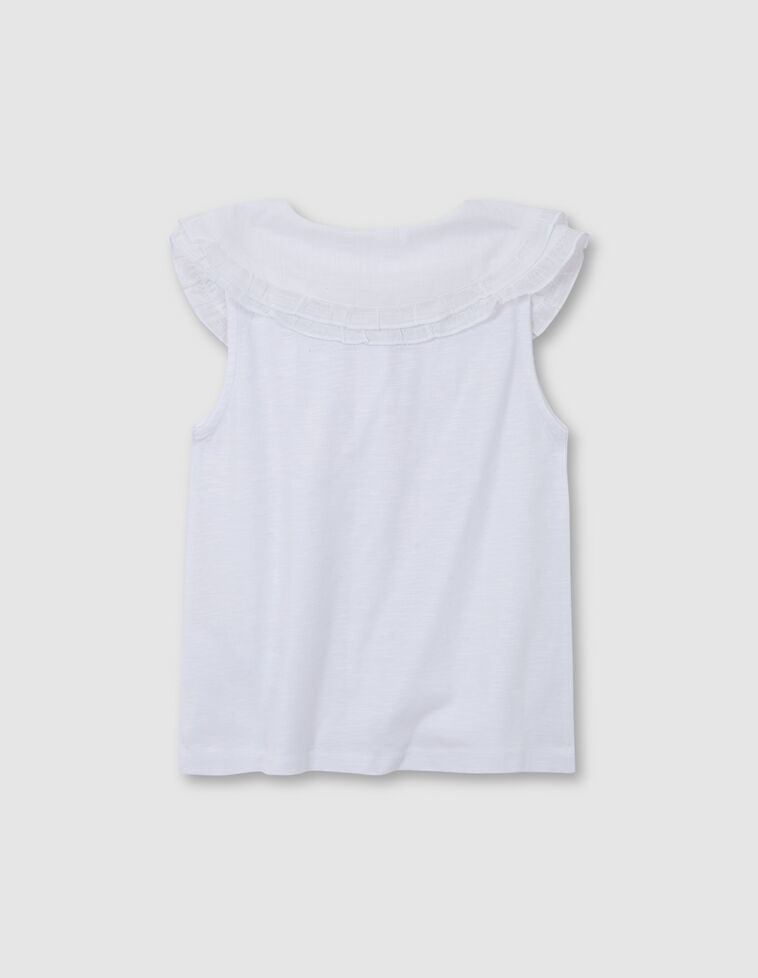 Weißes T-Shirt mit weitem Ausschnitt und doppelter Rüsche