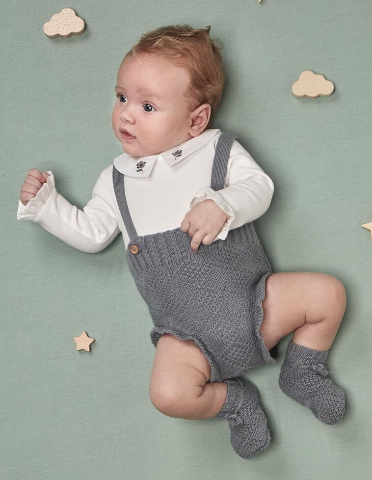 Pantalon bouffant à bretelles en maille spéciale avec laine bleu clair