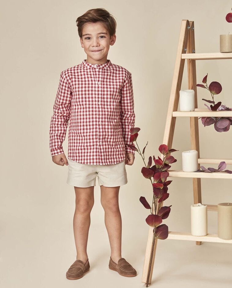 Chemise en lin &agrave; carreaux col mao rose