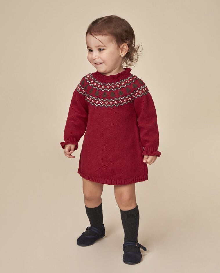 Vestido vermelho com jacquard de Natal beb&eacute;