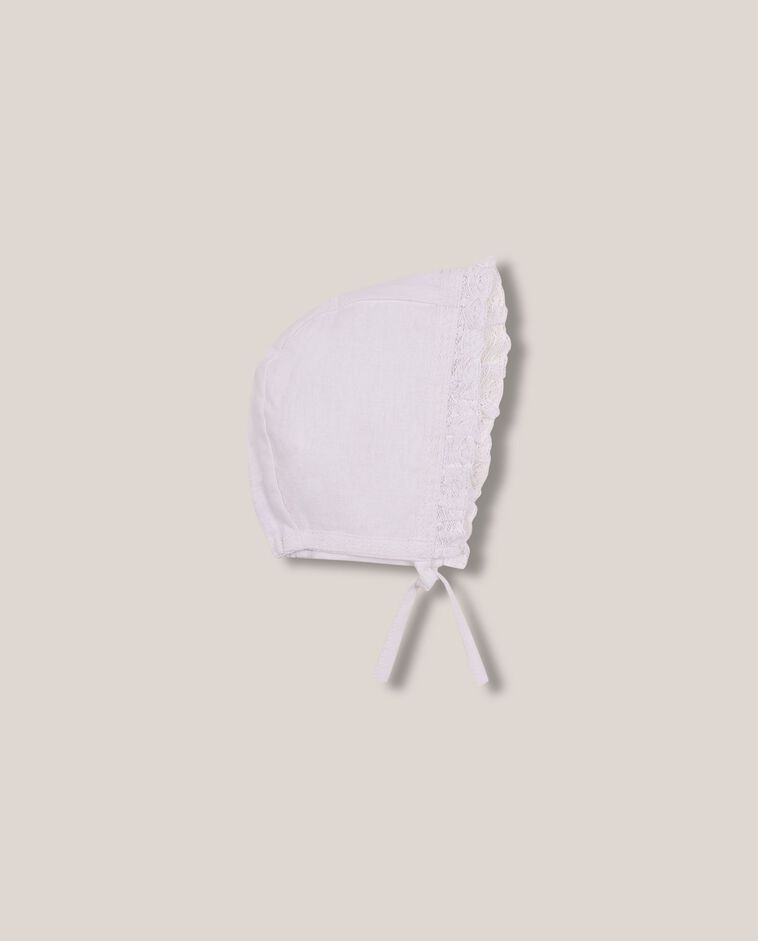 Cuffia in lino con volant bianco
