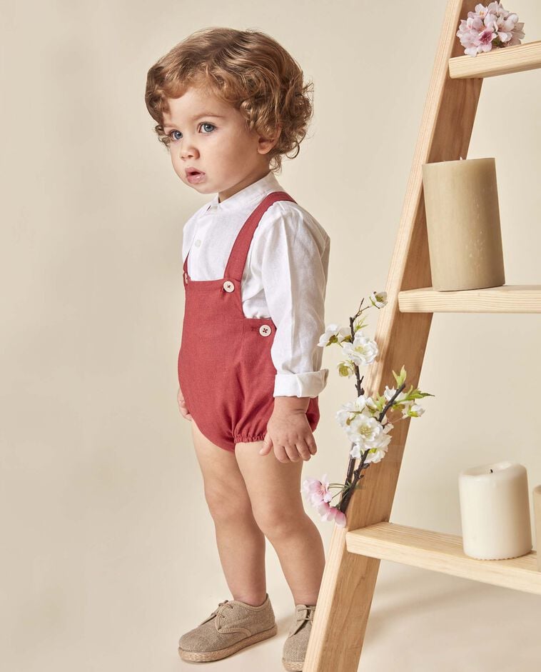 Culotte bouffante en lin &agrave; bretelles rose