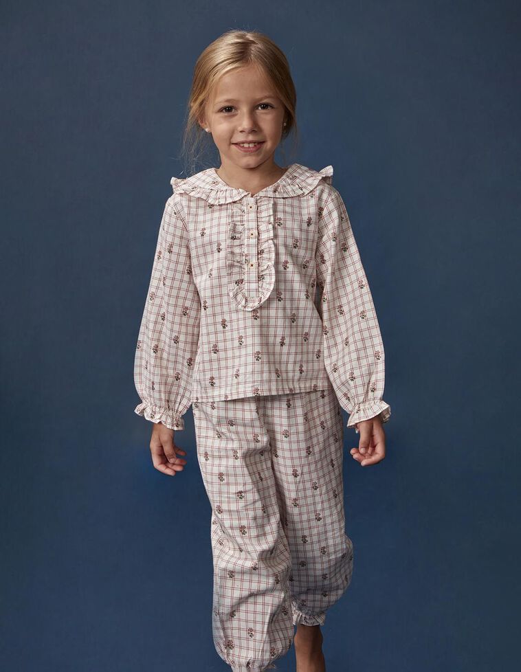 Pyjama imprimé carreaux et fleurs blanc