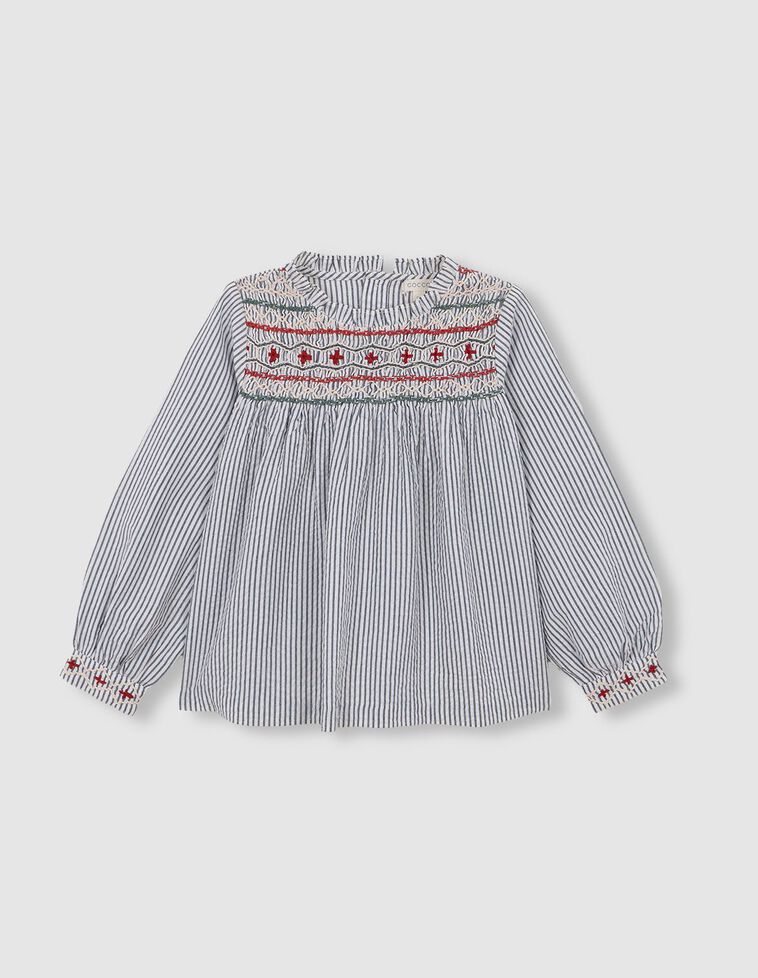 Gestreifte Bluse mit handgefertigter Wabenstruktur, in Hellblau Gestreifte Bluse mit handgefertigter Wabenstruktur, in Hellblau