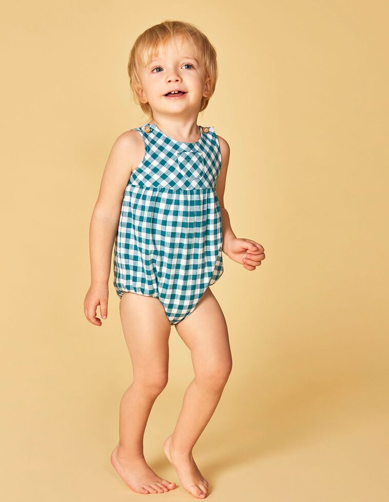 Babygrow sem pernas com padrão vichy  verde petróleo 