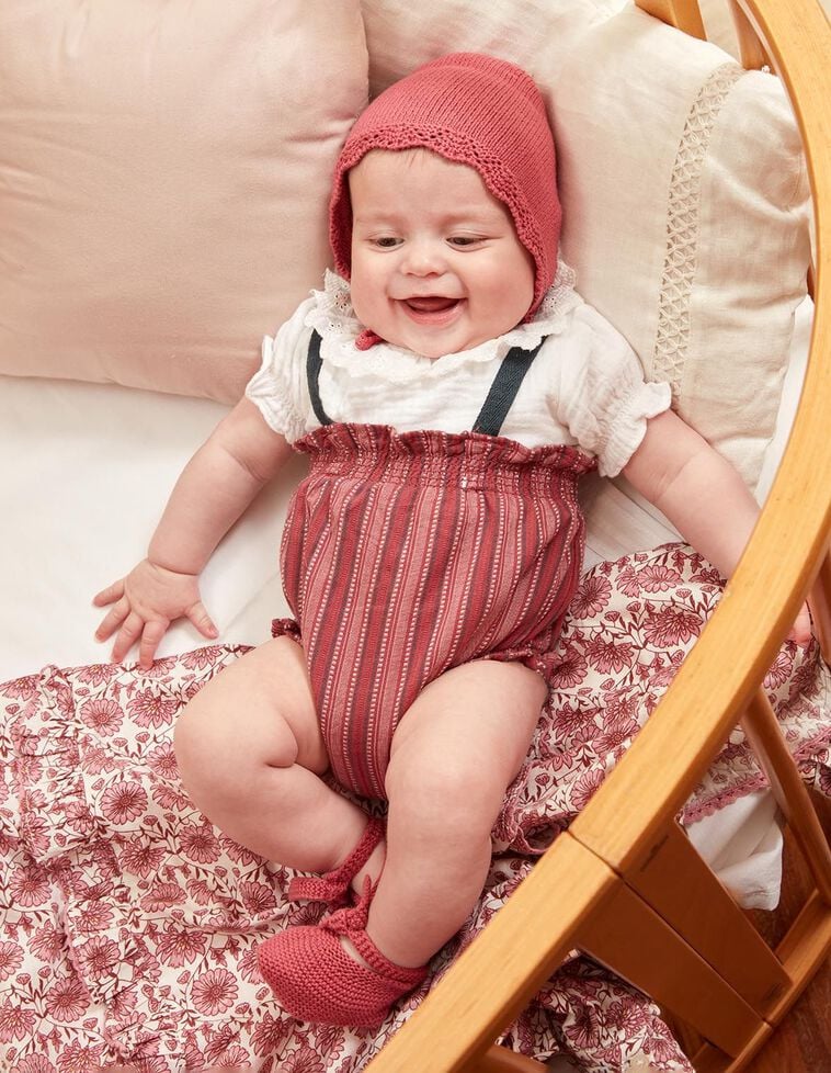 Pantaloni harem a righe in dobby con bretelle rosa