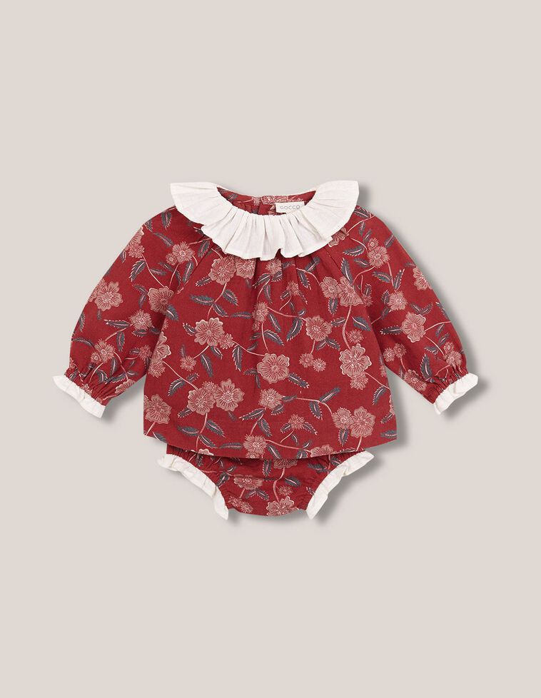 Robe imprimée à volants grenat