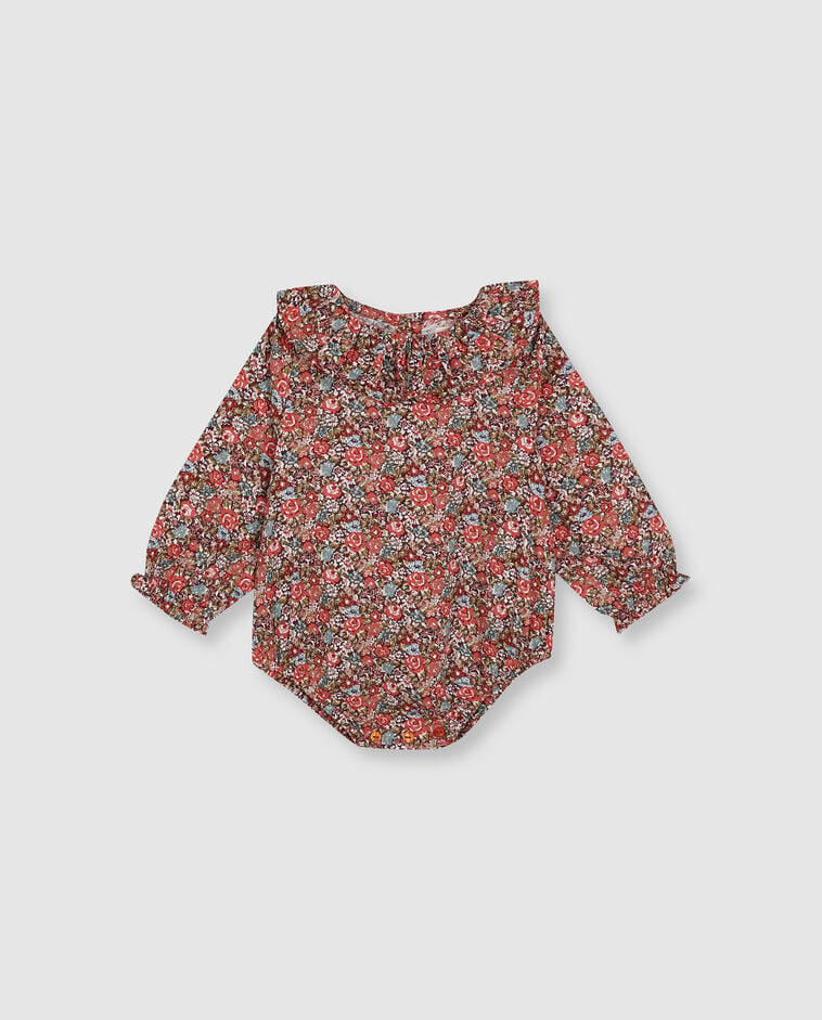 Body laranja tipo blusa com estampado de flores beb&eacute;