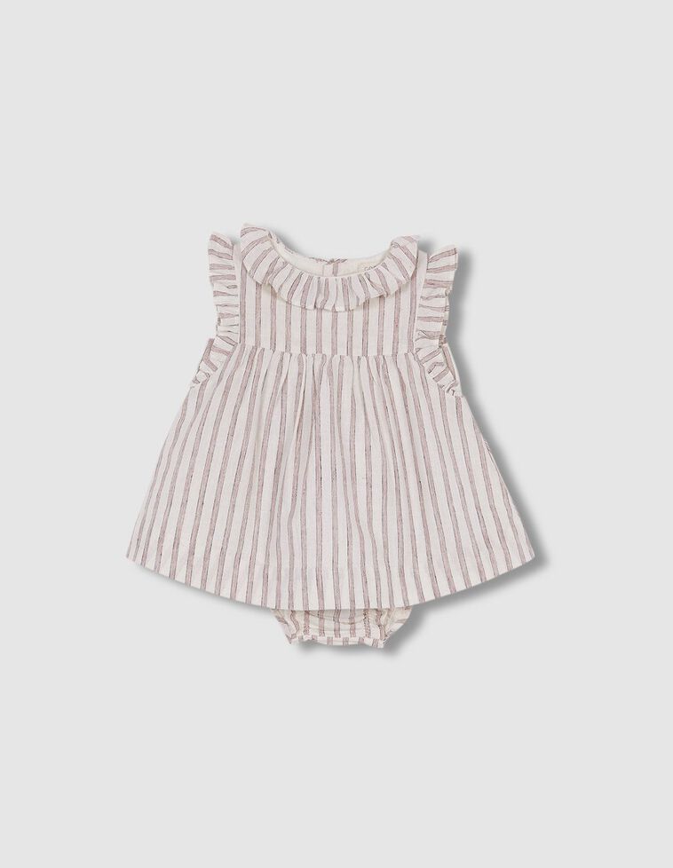 Vestito a righe con volant color bianco sporco e marsala