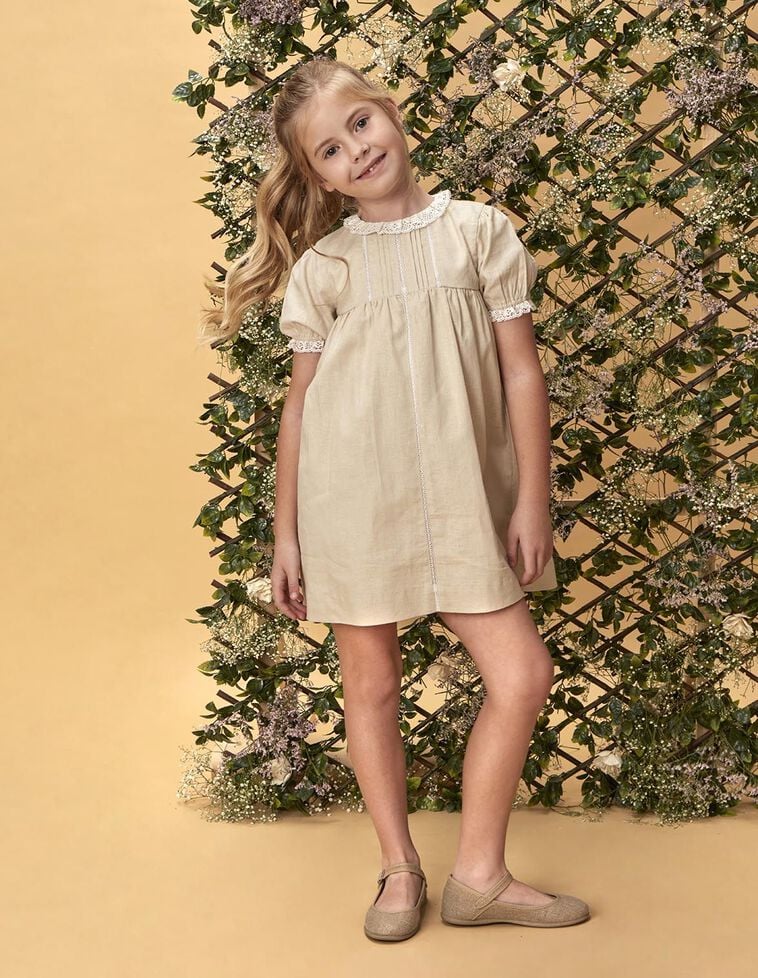 Robe en lin à bandes brodées marron