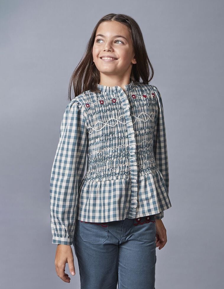 Chemise à carreaux froncée sur le devant verte