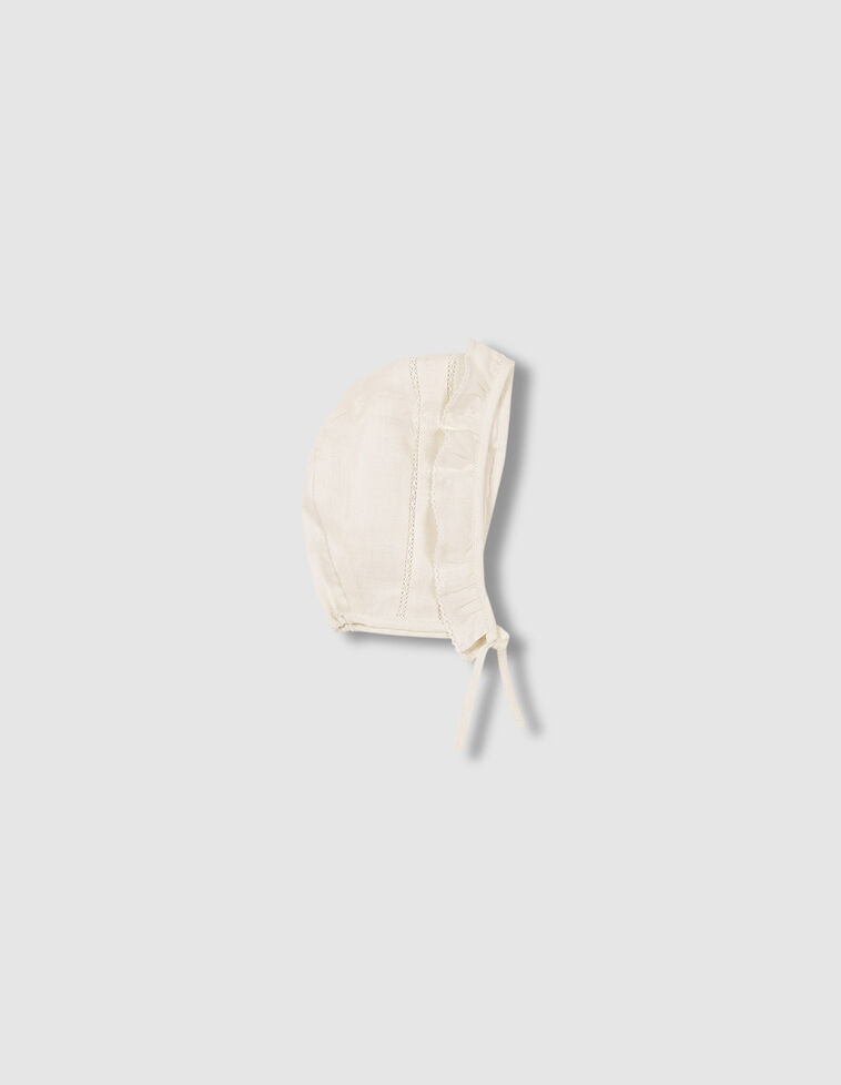 Cuffietta in lino e strisce ricamate color bianco sporco