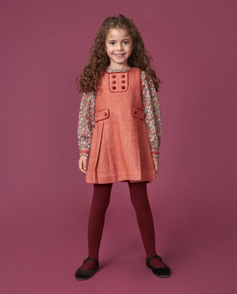 Vestido tipo jardineira laranja espinha com detalhes em veludo menina