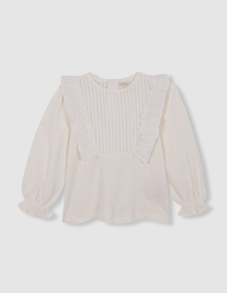Blouse à volants en V et poignets froncés blanc