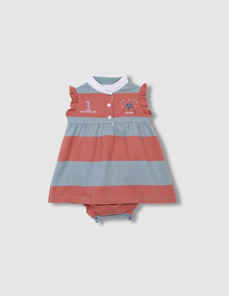 Vestido com padrão de riscas e bordados  coral