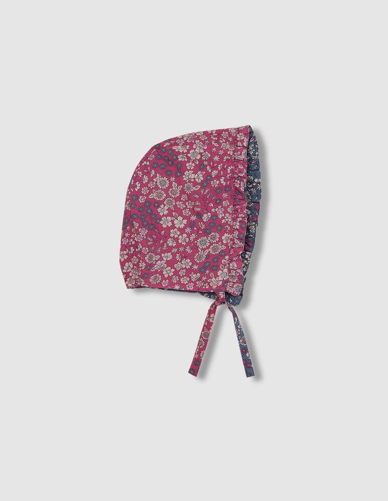 Bonnet bleu type capuche réversible à fleurs