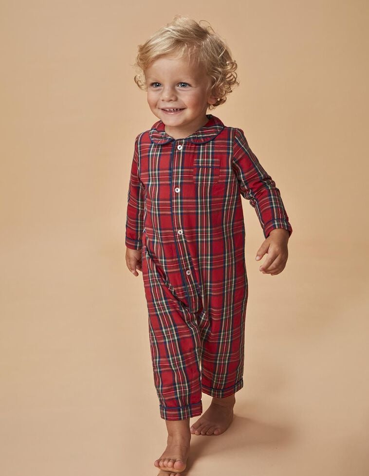 Pyjama de Noël à carreaux tartan avec bordure contrastée rouge
