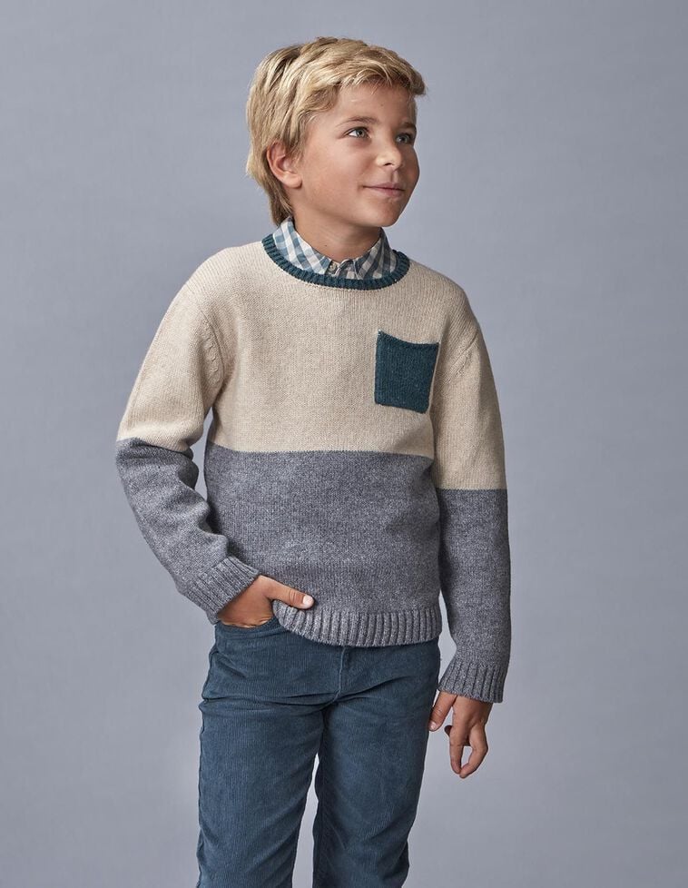 Pull en laine bicolore avec poche marron clair