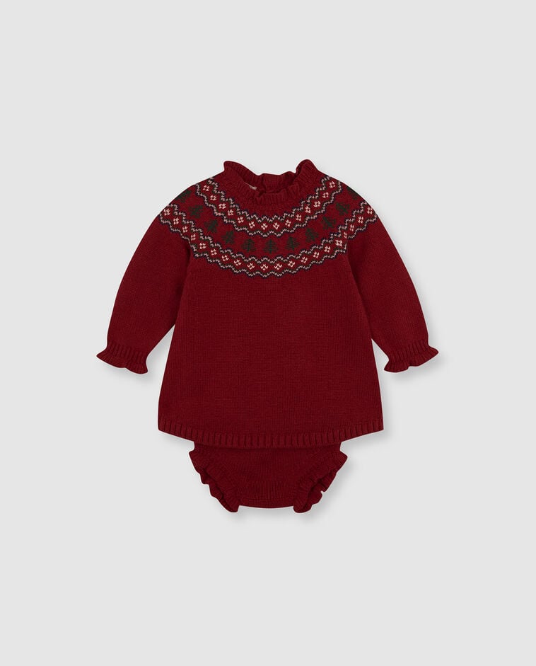 Vestido vermelho com jacquard de Natal beb&eacute;