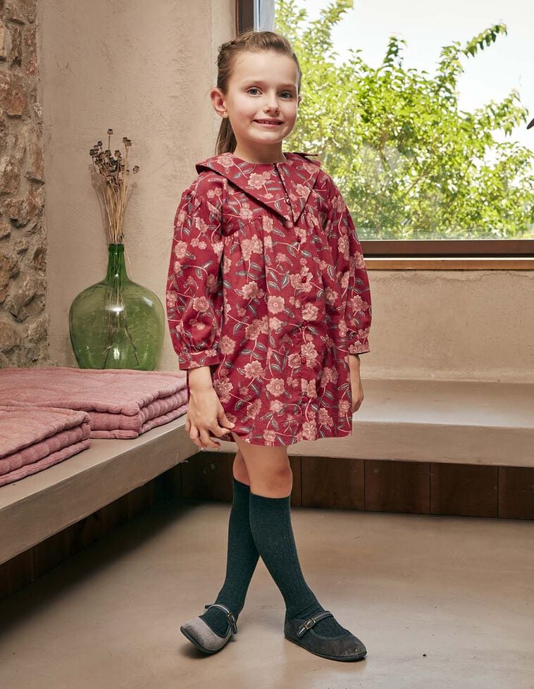 Robe imprimée à fleurs col large bordeaux