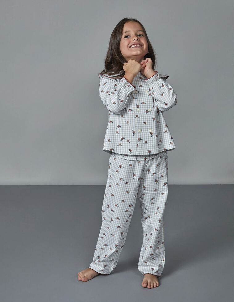 Pijama De Mini Xadrez Com Estampado De Flores Azul Novo 