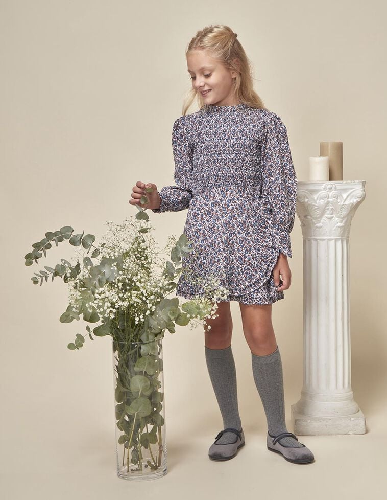 Robe à manches longues imprimée fleurs blanches