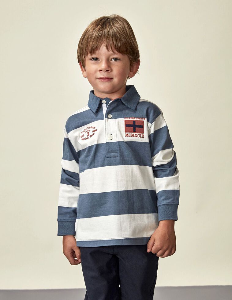 Polo De Riscas Com Emblema Azul Médio