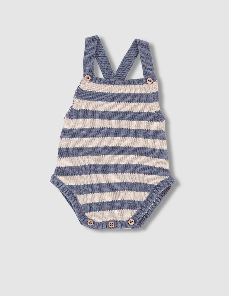 Babygrow sem pernas com padrão de riscas nas cores azul velha e pedra