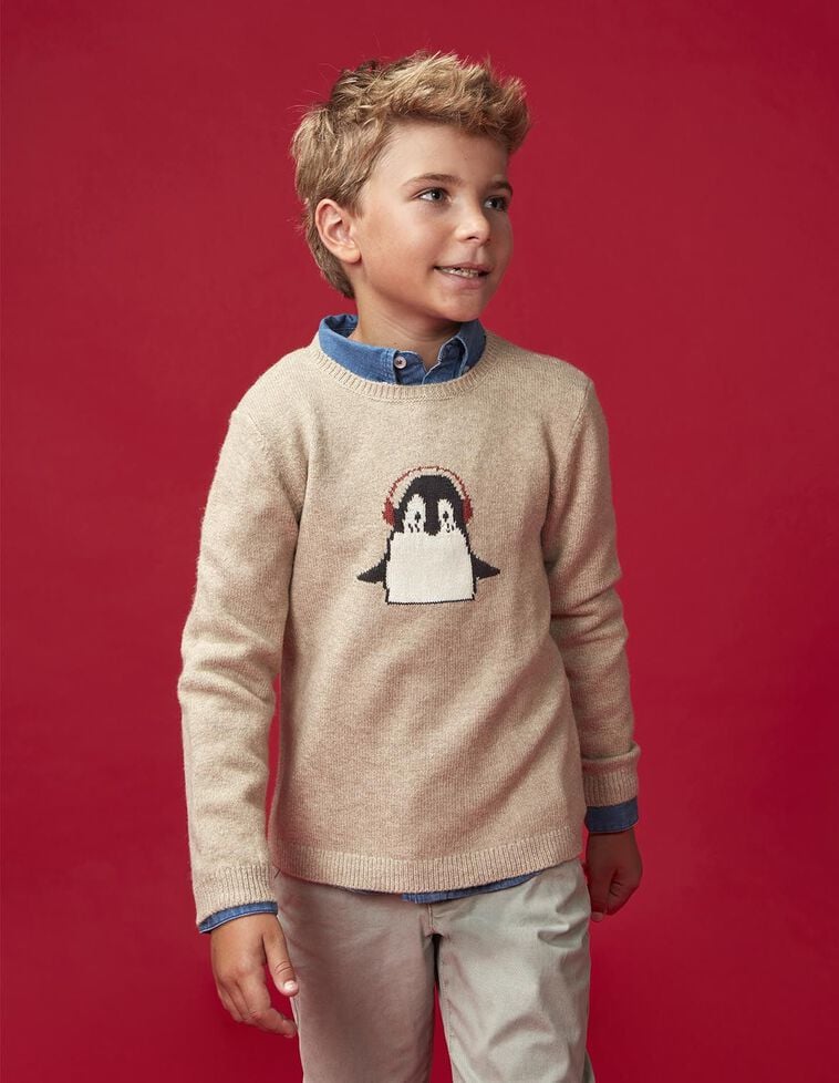 Pullover mit Pinguin-Motiv, in Steingrau Pullover mit Pinguin-Motiv, in Steingrau