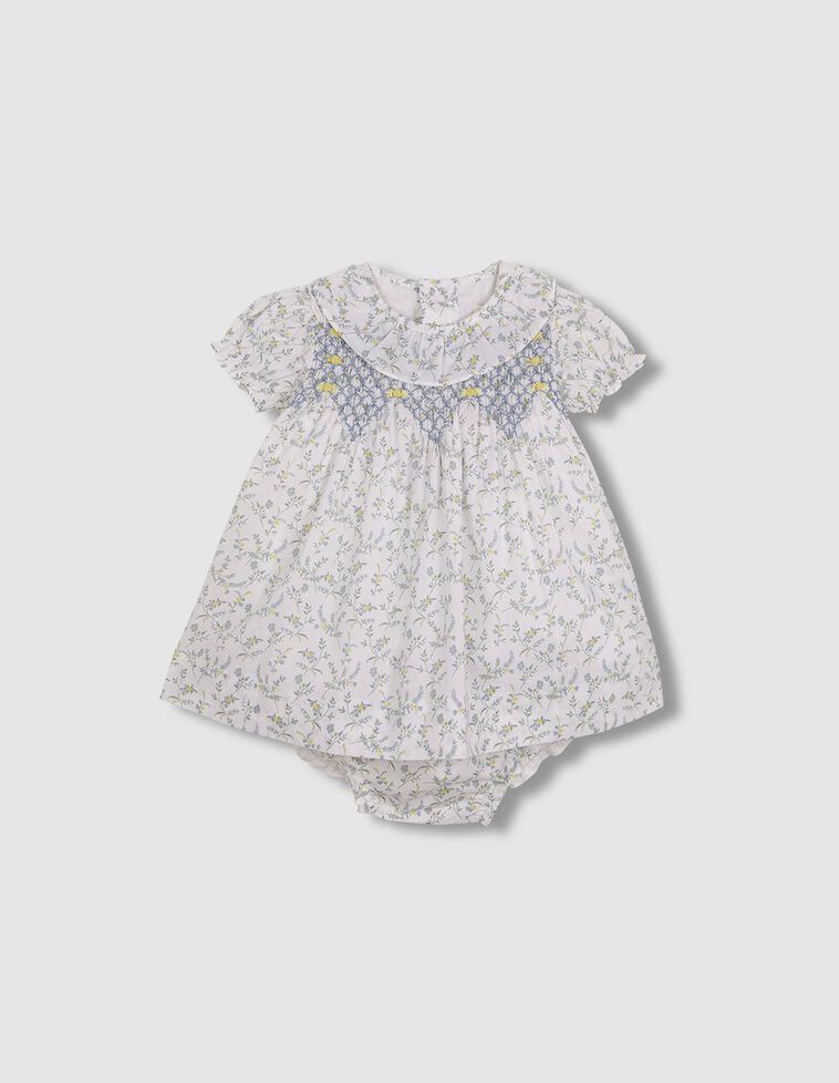 Robe fleurie avec nid d'abeille bleu