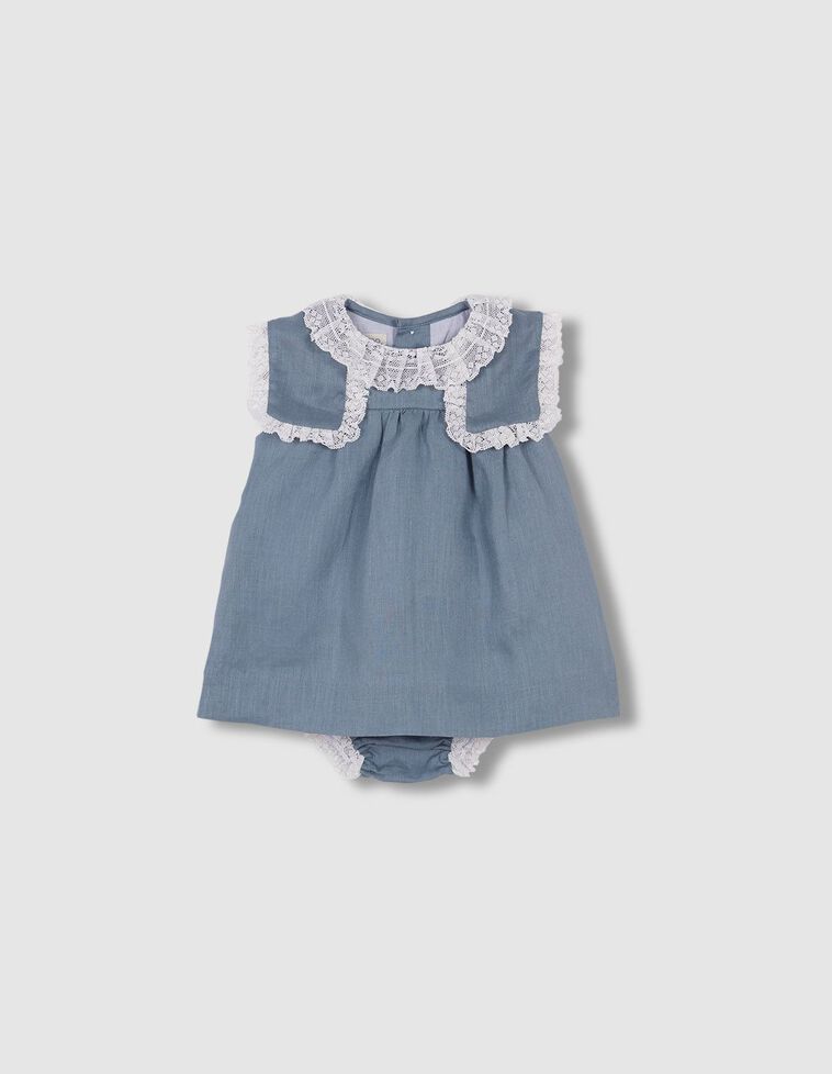 Vestito in lino con strisce ricamate color turchese scuro