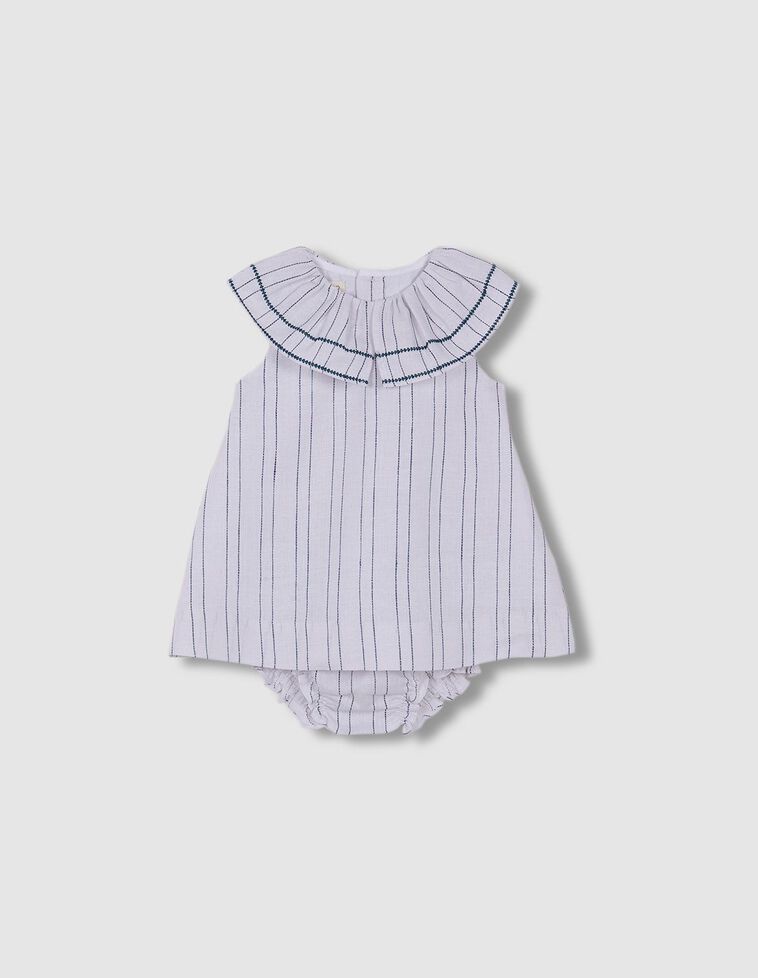 Vestito color blu petrolio a righe con volant sullo scollo