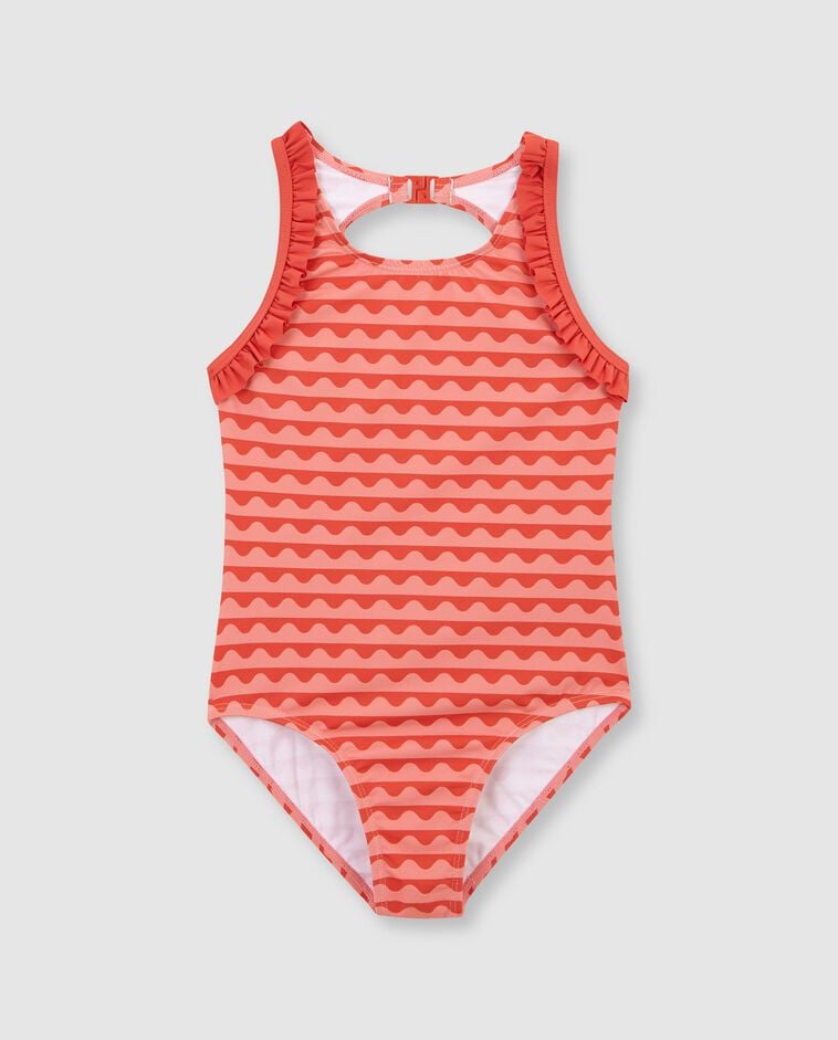 Maillot de bain imprim&eacute; vagues avec volants rose