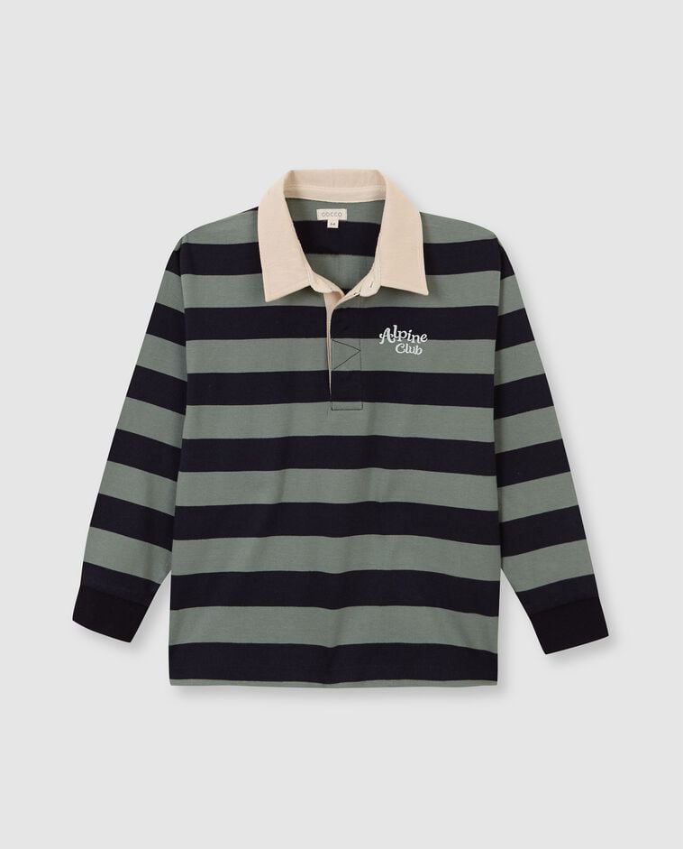 Polo verde &agrave;s riscas com print menino