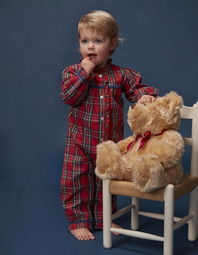 Pyjama de Noël à carreaux tartan avec bordure contrastée rouge